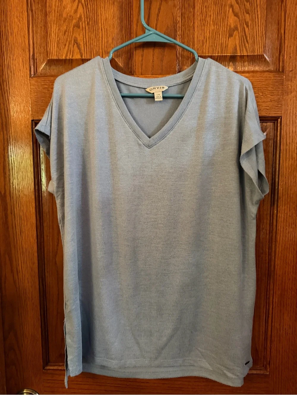Orvis L Light Blue V Neck Short Sleeve Pullover